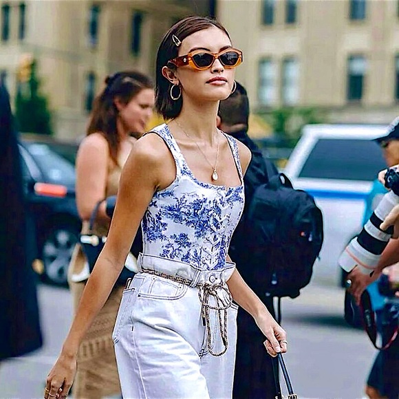 White & blue lace up square neck corset top - Picture 5 of 16